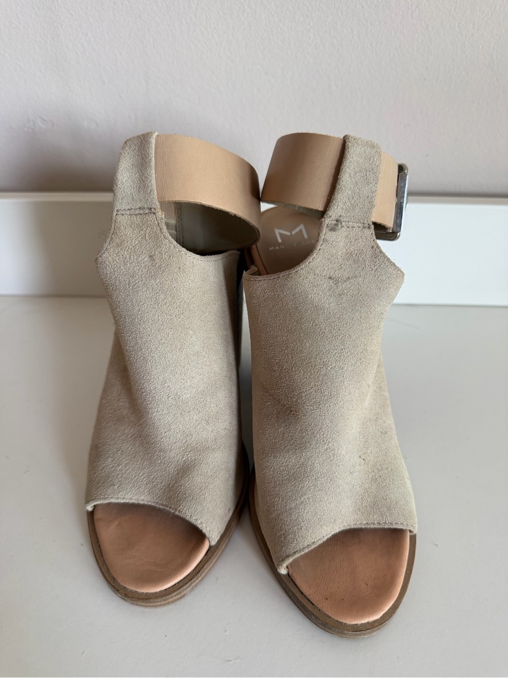 Marc Fisher LTD Beige Suede Peep‎ Toe Block Heel Buckle Sandal 7M